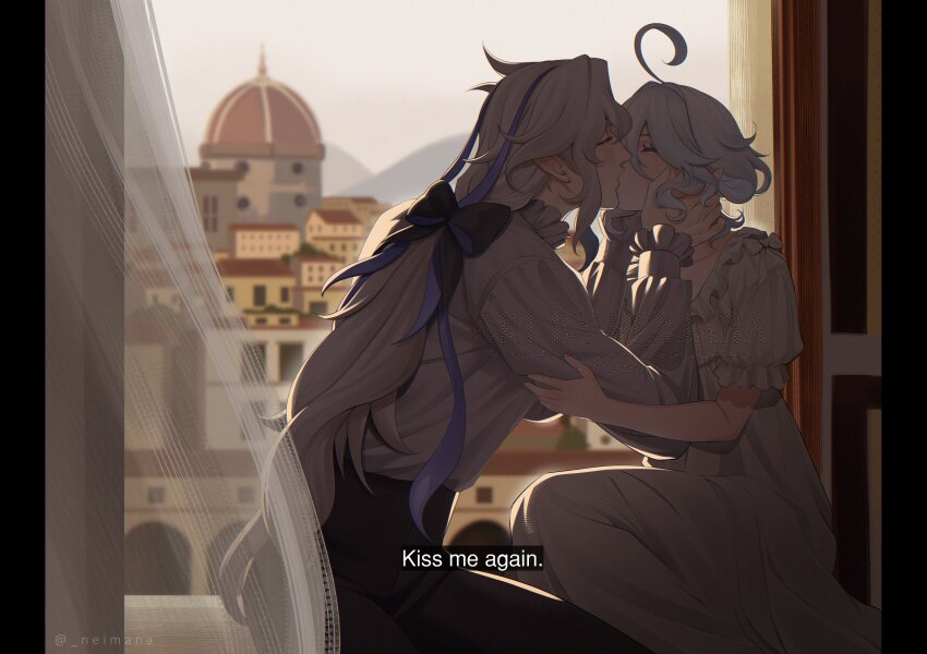 1boy 1girl ahoge alternate_costume black_pantyhose blue_hair cityscape closed_eyes couple dress frills furina_(genshin_impact) genshin_impact hair_ribbon hands_on_another's_face hetero highres kiss long_hair multicolored_hair neimana neuvillette_(genshin_impact) pantyhose pointy_ears ponytail ribbon shirt streaked_hair subtitled white_dress white_shirt window