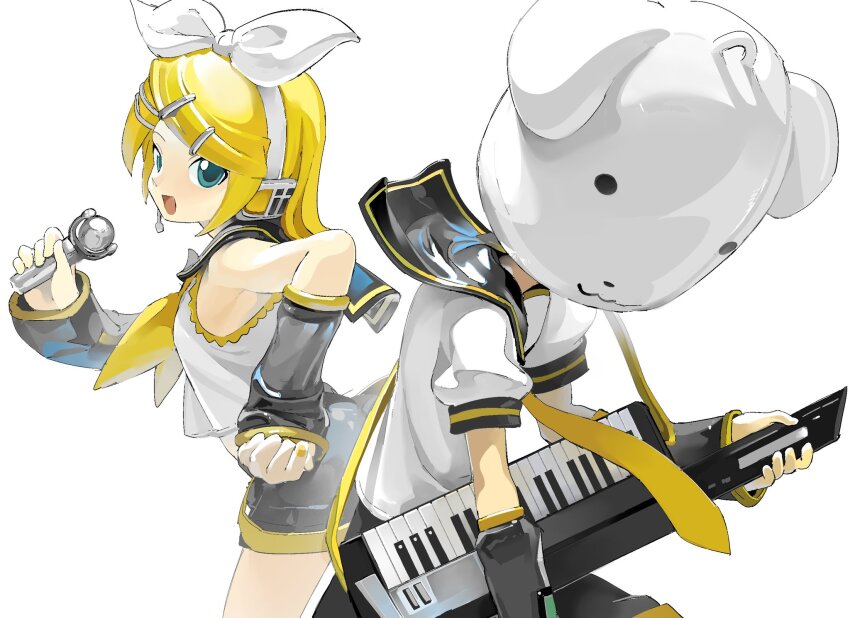 1boy 1girl :d aqua_eyes black_shorts blonde_hair commentary_request crop_top derivative_work detached_sleeves floating_clothes hair_ornament hairpin headset highres holding holding_microphone instrument kagamine_len kagamine_rin kakutou15 keytar leaning_forward looking_at_viewer looking_back mascot_head mask medium_hair microphone multiple_hairpins neckerchief necktie open_mouth shirt shorts smile vocaloid white_shirt yellow_nails yellow_neckerchief yellow_necktie yellow_trim