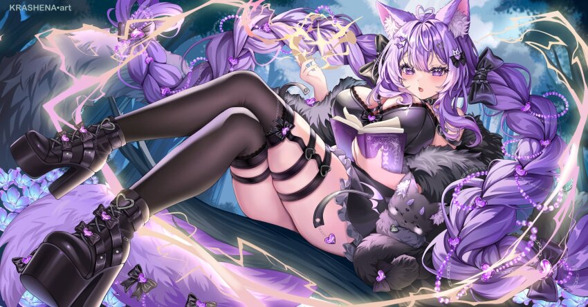 1girl ahoge animal animal_ear_fluff artist_name black_boots black_bow black_dress book boots bow braid breasts commission crossed_legs dress eyelashes feather_boa flora_violette hair_bow hair_ornament heart heart_ahoge heart_hair_ornament high_heel_boots high_heels highres holding holding_book indie_virtual_youtuber krashena long_braid open_mouth purple_eyes purple_hair purple_nails tail tail_bow tail_ornament thigh_strap twin_braids virtual_youtuber