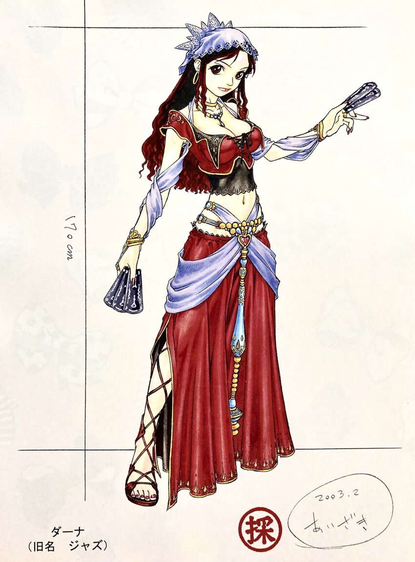 1girl aizaki_katsumi breasts card character_name choker cleavage closed_mouth dahna_(grandia) dancer dated earrings full_body grandia grandia_iii height highres holding holding_card hoop_earrings jewelry lipstick long_hair looking_at_viewer makeup nail_polish navel official_art red_nails ring simple_background solo toenail_polish toenails white_background