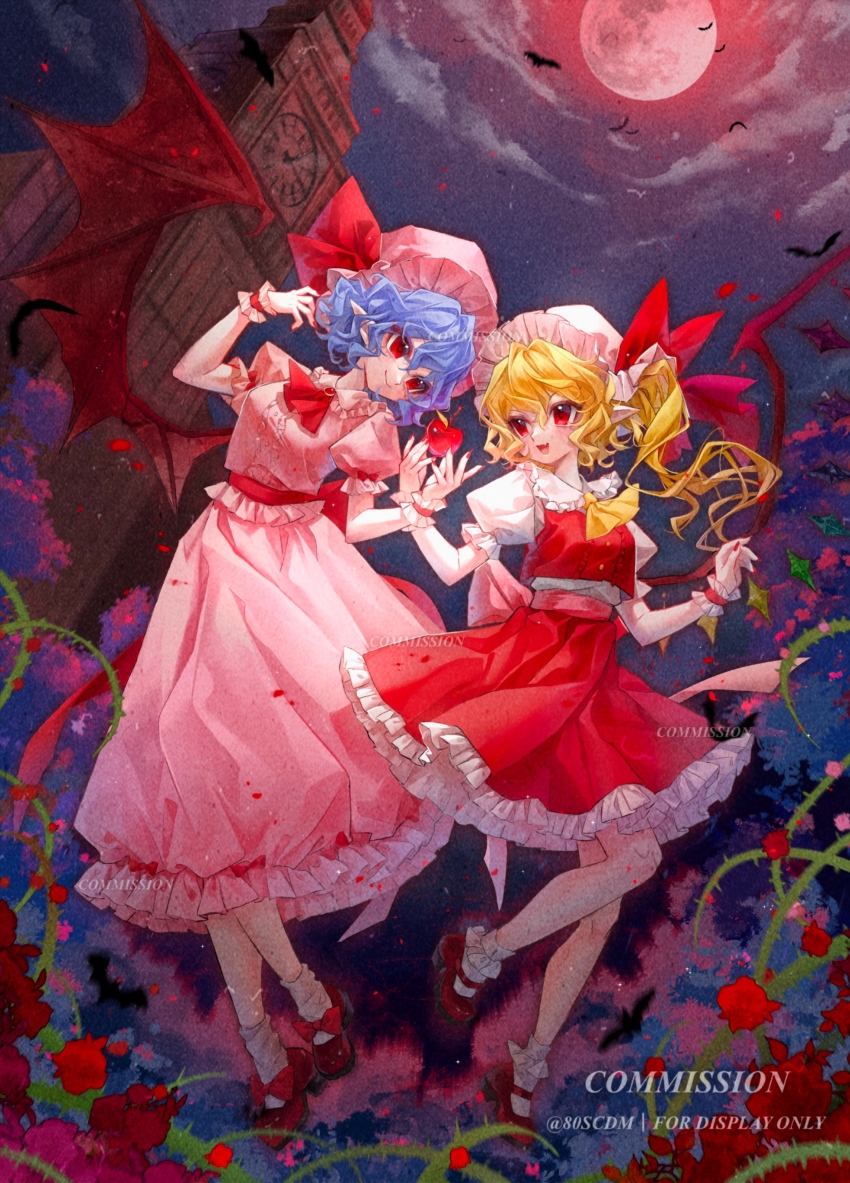 2girls 80isiiii absurdres ascot bat_(animal) bat_wings blonde_hair blue_hair brooch clock clock_tower commentary commission crystal crystal_wings flandre_scarlet frilled_skirt frills full_body full_moon hat hat_ribbon highres jewelry mary_janes mob_cap moon multicolored_wings multiple_girls night one_side_up pink_hat plant pointy_ears puffy_short_sleeves puffy_sleeves red_ascot red_eyes red_moon red_shoes red_skirt red_vest remilia_scarlet ribbon shoes short_hair short_sleeves siblings sisters skirt skirt_set sky socks symbol-only_commentary touhou tower twitter_username vest vines watermark white_hat white_socks wings wrist_cuffs yellow_ascot