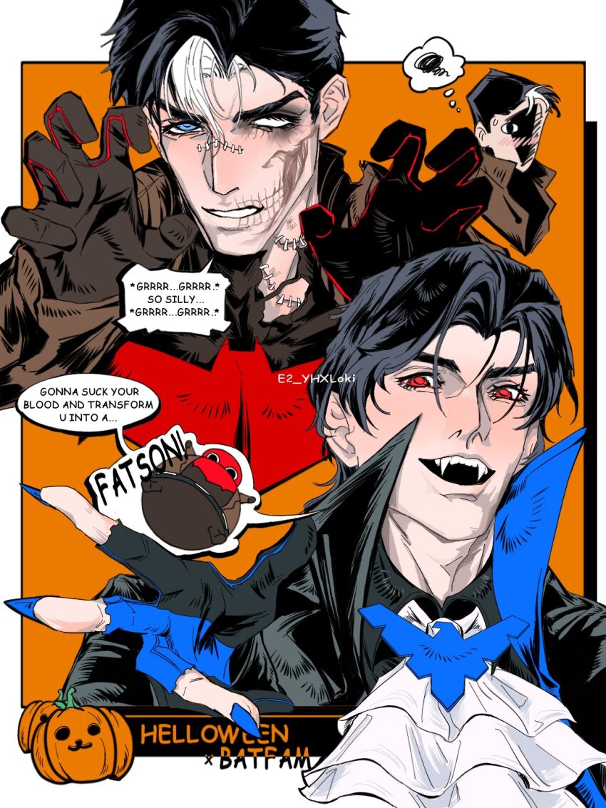2boys bat_signal batman_(series) batman_symbol black_bodysuit bodysuit brown_jacket dc_comics dick_grayson e2_yhxloki grey_bodysuit highres jacket jason_todd male_focus multicolored_bodysuit multiple_boys muscular muscular_male nightwing outstretched_arms red_hood_(dc) red_hood_and_the_outlaws superhero_costume taut_bodysuit two-tone_bodysuit vampire zombie_pose
