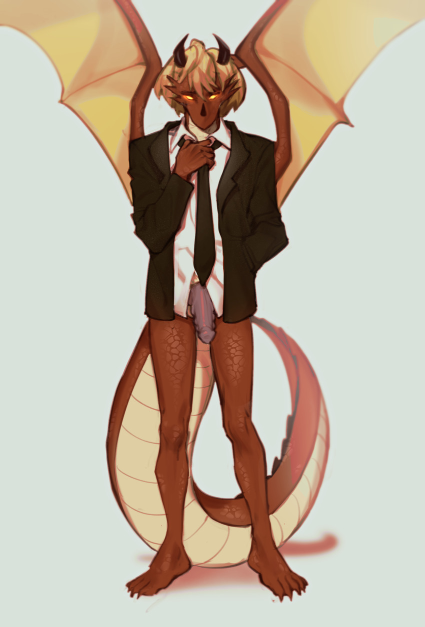1boy absurdres animal_ears black_jacket bottomless collared_shirt colored_skin commentary dragon_boy dragon_ears dragon_horns dragon_tail english_commentary formal_clothes full_body glowing glowing_eyes highres horns jacket looking_at_viewer male_focus monster_boy original penis pita-potato pointy_ears red_skin shirt short_hair simple_background solo suit tail white_background white_shirt