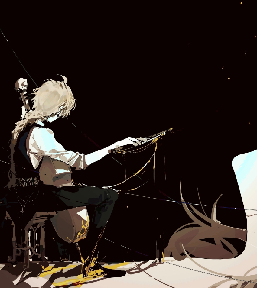 2boys aether_(genshin_impact) ahoge albedo_(genshin_impact) ateveryone black_background black_pants black_shoes black_vest blonde_hair blood blood_drip blood_on_clothes blood_on_instrument bow_(music) braid cello chinese_commentary commentary_request cross earrings facing_away from_side full_body genshin_impact giant head_out_of_frame highres holding holding_bow_(music) holding_instrument instrument jewelry long_hair multiple_boys pants shirt shoes simple_background single_braid sitting sitting_on_person size_difference sleeves_rolled_up solo_focus stool string vest wallet_chain white_shirt yellow_blood