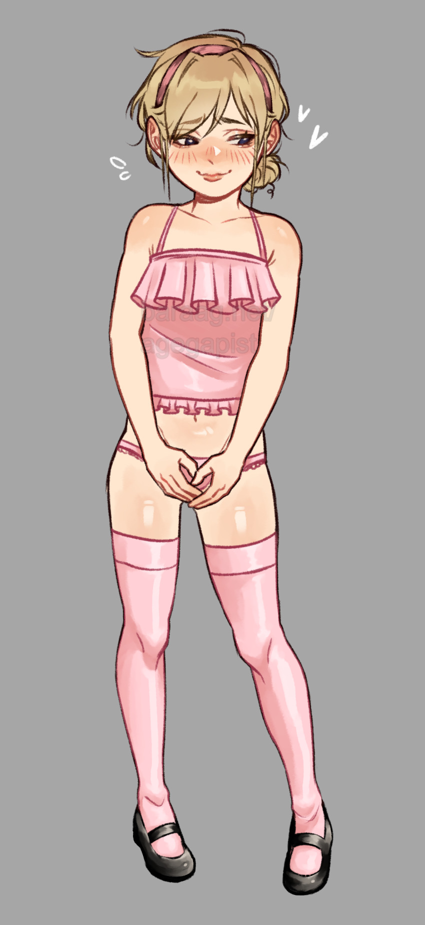 1girl bare_shoulders black_shoes blonde_hair blue_eyes blush camisole capcom closed_mouth collarbone embarrassed female_focus full_body grey_background lola_(agegapist) loli looking_afar looking_to_the_side navel nervous nervous_smile panties pink_camisole pink_panties pink_thighhighs resident_evil resident_evil_2 sherry_birkin shoes short_hair simple_background smile solo standing thighhighs underwear watermark wavy_mouth