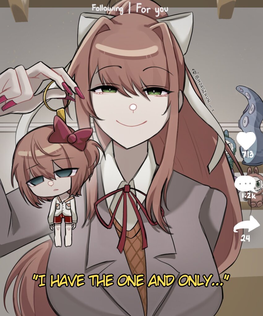 1girl bow breasts bright_pupils brown_hair brown_jacket character_charm charm_(object) closed_mouth commentary dildo doki_doki_literature_club doki_doki_literature_club_school_uniform english_commentary english_text fake_phone_screenshot fake_screenshot green_eyes hair_between_eyes hair_bow half-closed_eyes highres huge_dildo jacket labubu large_breasts long_hair looking_at_viewer monika_(doki_doki_literature_club) morgzkun neck_ribbon ponytail red_ribbon ribbon sayori_(doki_doki_literature_club) school_uniform sex_toy smile solo straight-on subtitled swept_bangs tentacle_dildo upper_body white_bow white_pupils