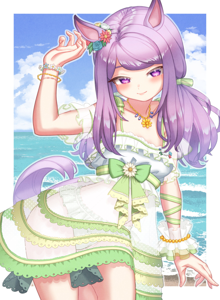 1girl animal_ears bare_shoulders beach bikini blue_sky blush bracelet breasts casual_one-piece_swimsuit closed_mouth cloud commentary_request creape dress dress_swimsuit ear_flower green_bikini hair_ornament highres horse_ears horse_girl horse_tail jewelry long_hair looking_at_viewer mejiro_mcqueen_(ripple_fairlady)_(umamusume) mejiro_mcqueen_(umamusume) necklace ocean official_alternate_costume one-piece_swimsuit outdoors purple_eyes purple_hair seashell_bracelet see-through_clothes see-through_dress see-through_sleeves sky small_breasts smile solo swimsuit tail umamusume water white_bikini