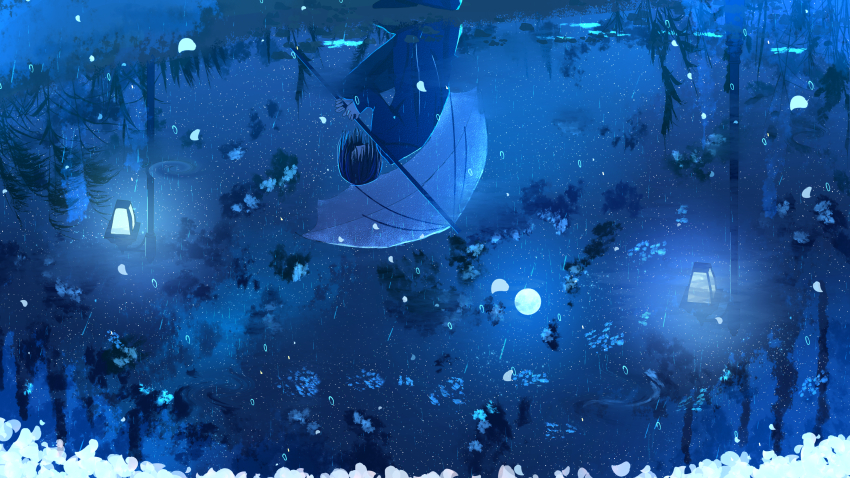 1girl absurdres black_hair black_shirt blue_theme commentary_request falling_petals full_moon highres holding holding_umbrella lamppost long_sleeves moon night original outdoors petals puddle rain reflection reflection_focus reflective_liquid scenery shirt short_hair sinsyou_sketcher sky solo star_(sky) starry_sky umbrella upside-down water white_petals