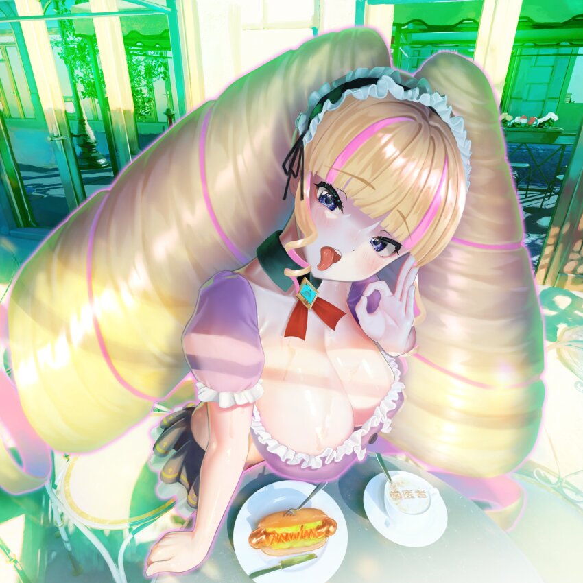 1girl black_hairband black_skirt blonde_hair blue_eyes blunt_bangs blush breasts cleavage coffee crop_top deep_web_underground detached_collar drill_hair drill_sidelocks fellatio_gesture food frilled_hairband frills hairband hot_dog huge_breasts leaning_forward leaning_on_table long_hair multicolored_hair noperori open_mouth outdoors pink_hair purple_shirt saucer shinsougumi shirt sidelocks skirt solo streaked_hair sweat table tongue tongue_out twin_drills virtual_youtuber