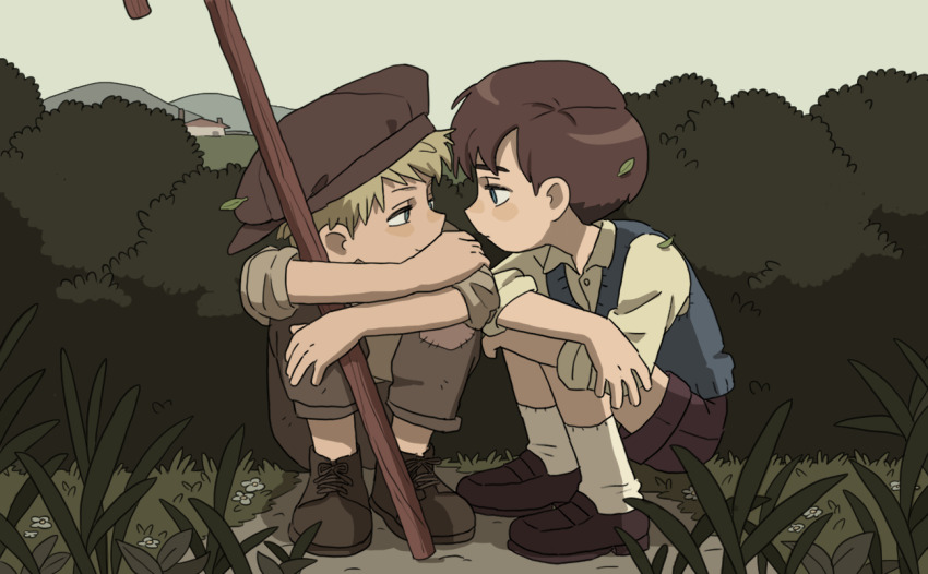 2boys aomuke blonde_hair brown_hair child eye_contact full_body hat looking_at_another male_focus multiple_boys original outdoors short_hair shorts socks squatting