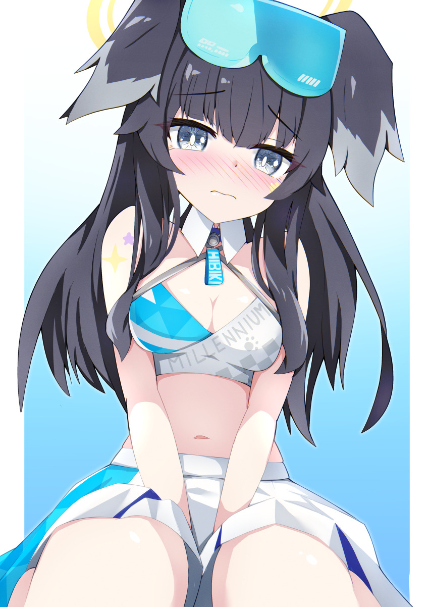 1girl absurdres animal_ears black_hair blue_archive blue_eyes blush breasts cheerleader commentary_request dog_ears dog_girl goggles goggles_on_head halo hibiki_(blue_archive) hibiki_(cheer_squad)_(blue_archive) highres in_downtown long_hair looking_at_viewer millennium_cheerleader_outfit_(blue_archive) official_alternate_costume skirt solo star_(symbol) star_sticker sticker sticker_on_arm sticker_on_face yellow_halo