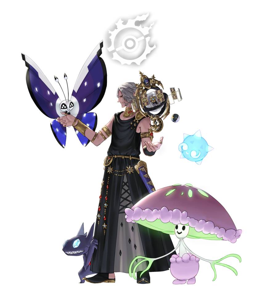 1boy armlet astrologian_(final_fantasy) black_dress black_shoes butterfly_wings dress final_fantasy final_fantasy_xiv floating floating_object floating_weapon gen_3_pokemon gen_6_pokemon gen_7_pokemon gold_armlet grey_hair highres insect_wings jewelry minior minior_(core) mushroom nintendo poke_ball pokemon pokemon_(creature) pokemon_team potion_lilac sableye sharp_teeth sheath shiinotic shoes short_hair simple_background teeth urianger_augurelt vivillon vivillon_(polar) white_background wings