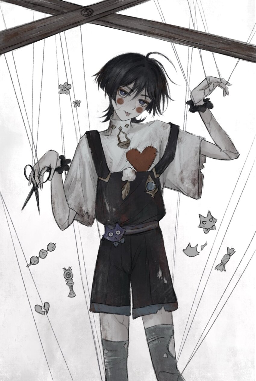 1boy belt black_hair black_overalls blunt_ends blush_stickers bright_pupils broken_heart candy casual contemporary cowboy_shot cracked_skin dango doll_joints eyelashes eyeliner eyeshadow feathers food genshin_impact gnosis_(genshin_impact) gold grey_thighhighs halloween halloween_costume hands_up head_tilt heart heart_print highres holding holding_scissors joints looking_at_viewer makeup male_focus marionette marionette_controller official_alternate_costume overalls pom_pom_(clothes) puppet puppet_strings purple_belt purple_eyes red_eyeliner red_eyeshadow scaramouche_(cat)_(genshin_impact) scaramouche_(genshin_impact) scissors scrunchie shirt short_sleeves solo thighhighs tongue tongue_out turtleneck turtleneck_shirt undershirt wagashi wanderer_(genshin_impact) white_background white_pupils white_shirt white_sleeves wispy_bangs wrist_scrunchie yellow_feathers yoruli_e