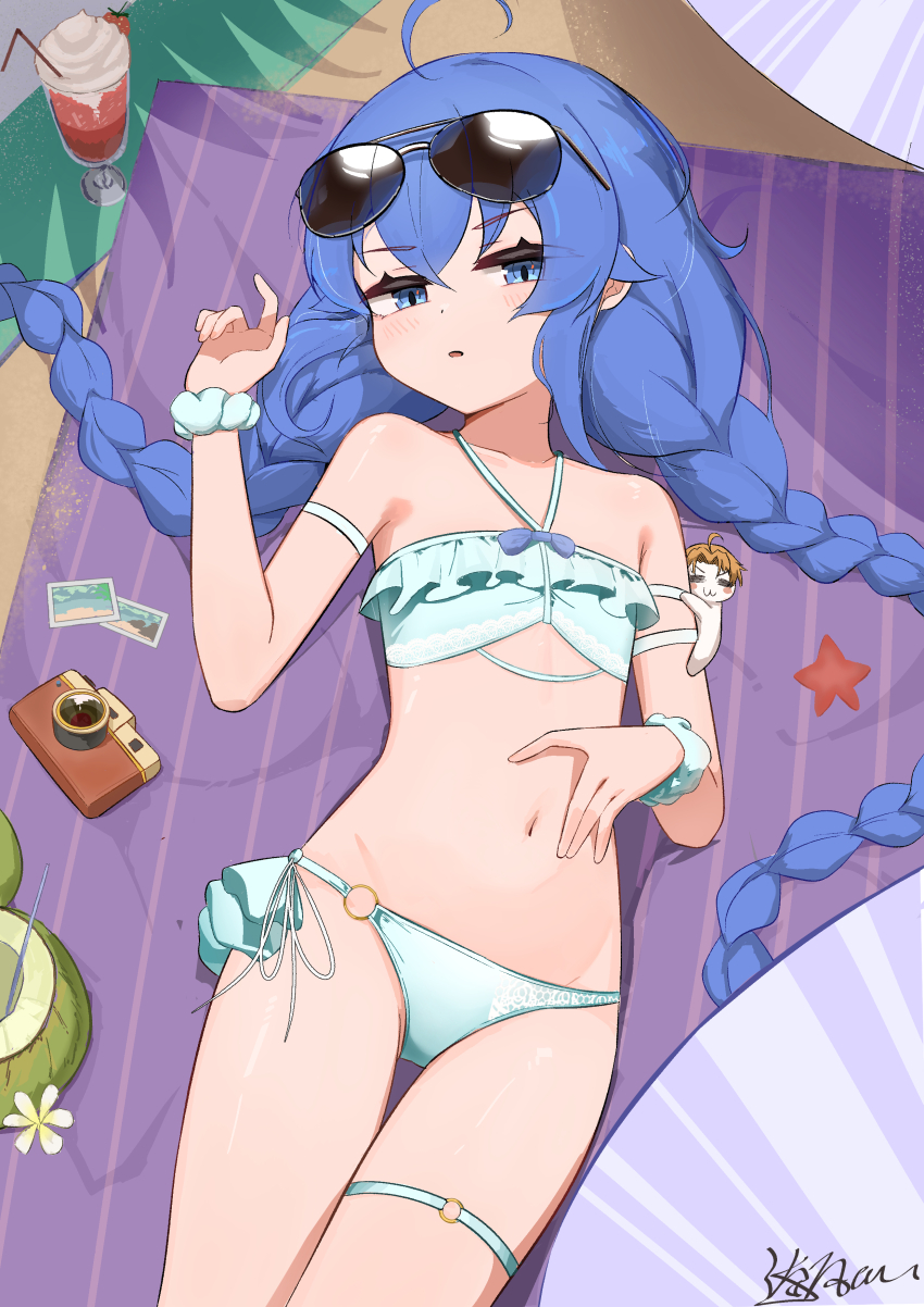 1girl absurdres ahoge awal2311 bikini blue_eyes blue_hair braid eyewear_on_head flat_chest highres loli long_hair lying mushoku_tensei navel on_back roxy_migurdia solo sunglasses swimsuit twin_braids