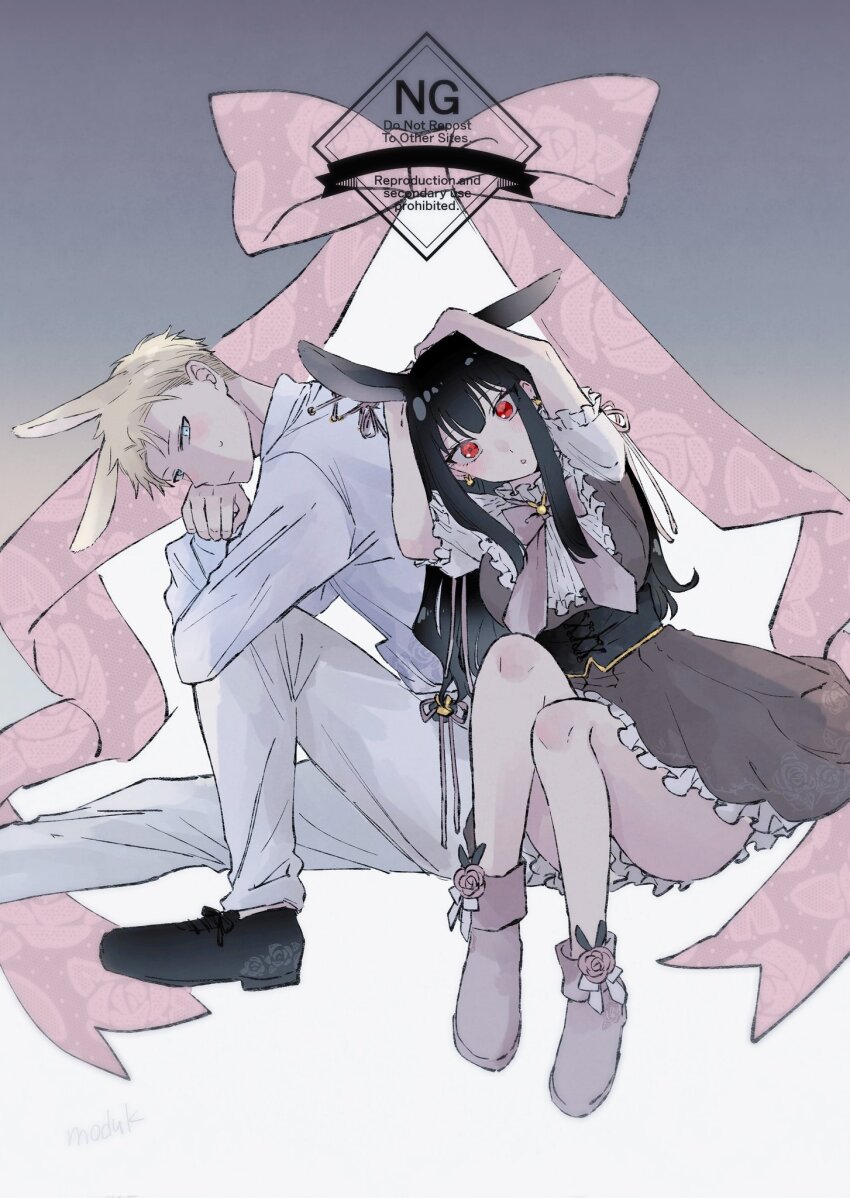 1boy 1girl alternate_costume animal_ears arms_up ass bare_legs black_dress black_hair black_shoes blonde_hair blue_eyes boots bow bowtie breasts dress earrings easter foot_out_of_frame frilled_skirt frilled_sleeves frills gold_earrings hands_on_own_head highres jewelry large_breasts leaning_on_person leaning_to_the_side long_hair looking_at_viewer moduk2222 pants pink_ribbon purple_boots purple_bow purple_bowtie rabbit_ears red_eyes ribbon shirt shoes short_hair sidelocks sitting skirt spy_x_family sweatdrop thighs twilight_(spy_x_family) white_pants white_shirt yor_briar