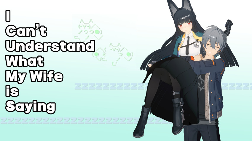 1boy 1girl 3d absurdres animal_ear_fluff animal_ears aqua_jacket black_necktie black_shirt black_skirt blender_(medium) blue_jacket carrying carrying_person closed_eyes crossed_bangs danna_ga_nani_wo_itte_iru_ka_wakaranai_ken derivative_work english_text fox_ears fox_girl grey_hair hetero highres hoshimi_miyabi jacket necktie screenshot_redraw shirt skirt smile wise_(zenless_zone_zero) zenless_zone_zero