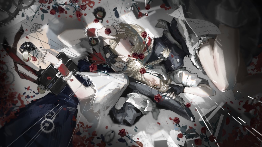 2girls absurdres alice_margatroid arm_up black_bow black_dress black_gloves black_hat blonde_hair blue_dress blue_eyes bow braid capelet commentary_request dress dutch_angle falling_flower falling_petals flower flower_in_mouth frilled_wrist_cuffs frills gears gloves hair_bow hair_over_one_eye hairband hand_on_another's_neck hat highres kirisame_marisa looking_at_viewer mouth_hold multiple_girls parted_lips partially_fingerless_gloves petals red_flower red_hairband red_petals red_rose red_wrist_cuffs rose rose_petals shanghai_doll short_hair sideways_glance single_braid smile string touhou upside-down witch_hat wrist_cuffs yautja yellow_eyes