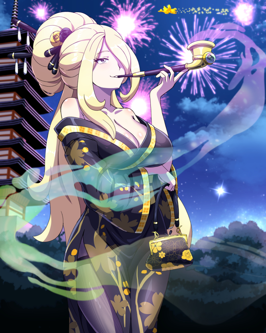 1girl alternate_costume alternate_hairstyle breasts cleavage closed_mouth cloud cowboy_shot cynthia_(pokemon) fireworks floral_print flower gen_2_pokemon hair_bun hair_flower hair_ornament hair_over_one_eye hair_stick highres ho-oh holding holding_smoking_pipe japanese_clothes kimono large_breasts legendary_pokemon long_hair long_sleeves night nintendo pagoda pantyhose pokemon pokemon_(creature) pokemon_dppt purple_eyes purple_kimono purple_pantyhose purple_theme side_slit smile smoke smoke_trail smoking smoking_pipe smoking_pipe_in_mouth solo swept_bangs wide_sleeves zuchysdraws