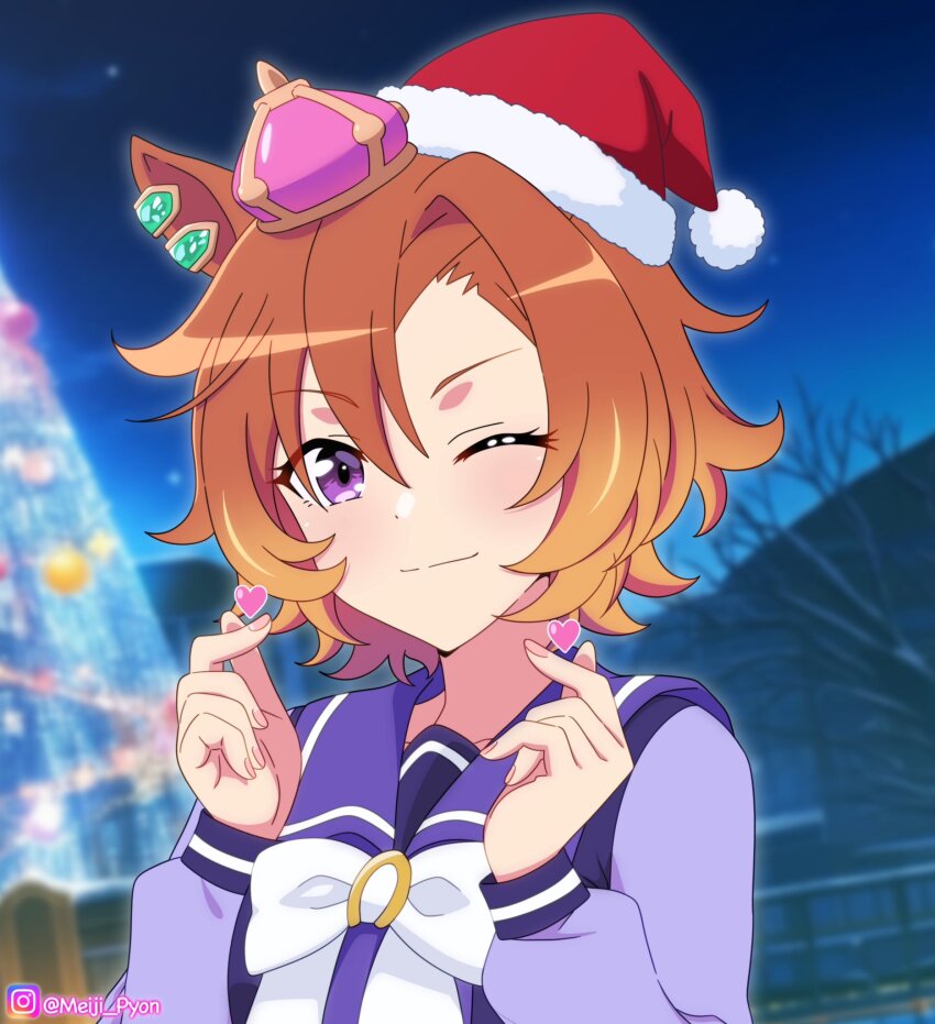 1girl animal_ears blush bow bowtie breasts christmas christmas_tree closed_mouth crown ear_ornament finger_heart hair_between_eyes hat heart highres horse_ears horse_girl long_sleeves looking_at_viewer meiji_(kurumierika) mini_crown night one_eye_closed orange_hair outdoors pink_crown purple_eyes purple_sailor_collar purple_serafuku purple_shirt red_hat sailor_collar sailor_shirt santa_hat school_uniform serafuku shirt short_hair sky smile solo t.m._opera_o_(umamusume) tracen_school_uniform umamusume upper_body white_bow white_bowtie