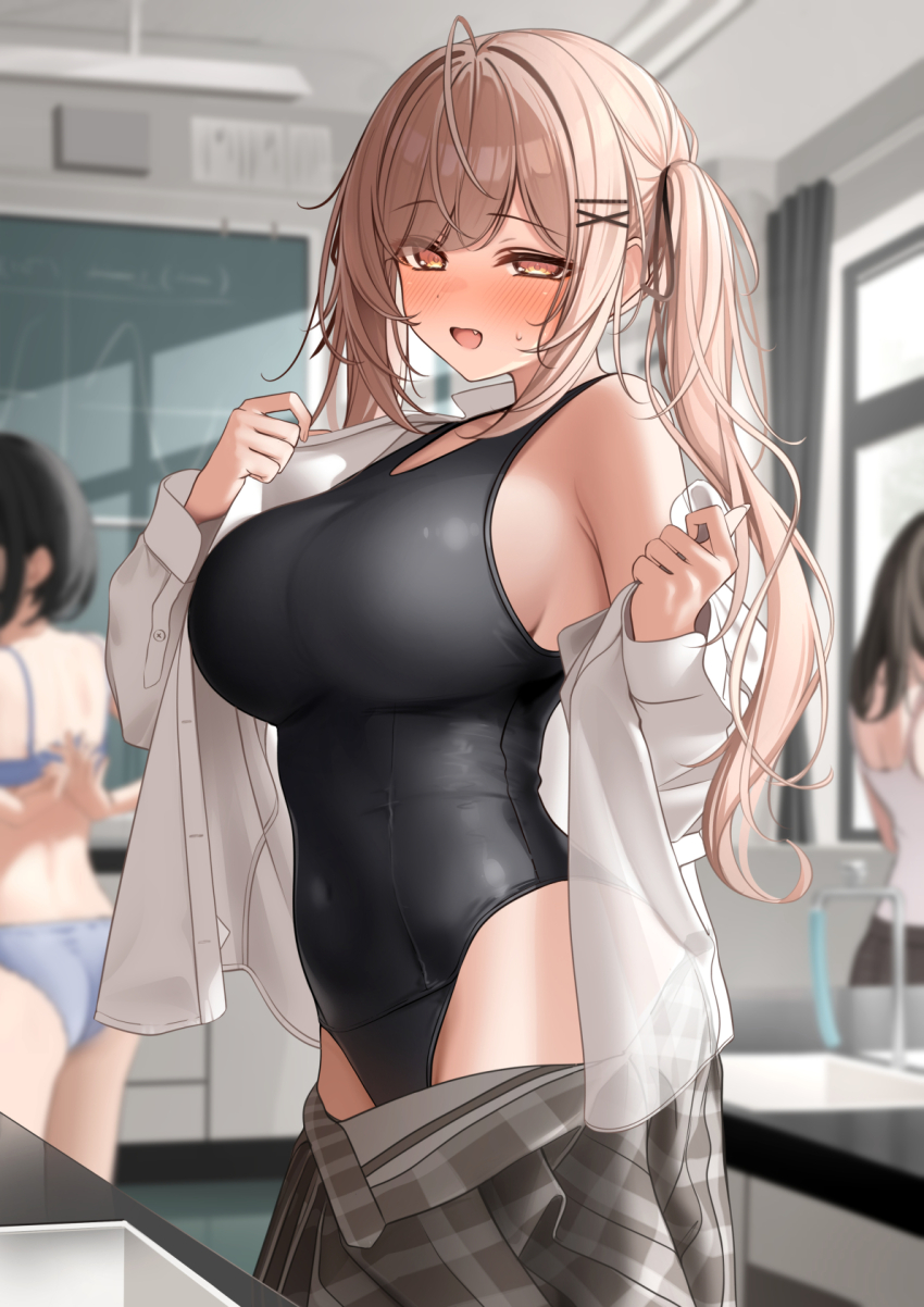 1girl 3girls :d ass black_one-piece_swimsuit blue_bra blue_panties blush bra breasts brown_eyes brown_hair collared_shirt commentary_request covered_navel from_side grey_skirt hair_ornament hairclip highres imouto-chan_(monaka_curl) indoors large_breasts long_hair long_sleeves looking_at_viewer mixed-language_commentary monaka_curl multiple_girls off_shoulder one-piece_swimsuit open_mouth original panties plaid_clothes plaid_skirt shirt single_bare_shoulder skirt smile solo_focus swimsuit twintails underwear white_shirt