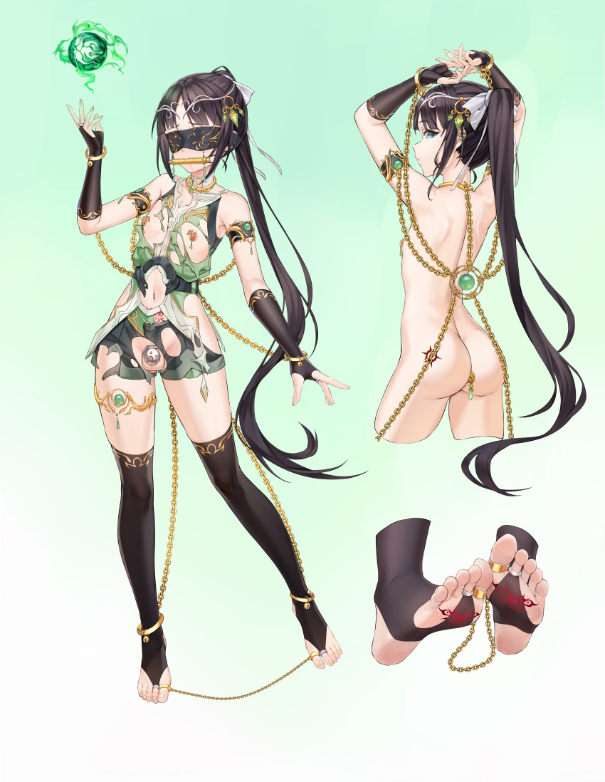1boy absurdres bare_shoulders bit_gag black_gloves black_hair black_thighhighs blindfold blue_eyes butt_plug chain chastity_cage clothing_cutout commentary_request drooling elbow_gloves gag gagged gloves green_shirt groin highres hip_vent large_variant_set long_hair multiple_views navel navel_cutout nipple_piercing nude original piercing ponytail pubic_tattoo ribbon sex_toy shirt shorts skindentation small_chastity_cage standing standing_on_one_leg stirrup_legwear stomach tattoo testicles thighhighs toeless_legwear torn_clothes torn_shirt torn_shorts trap variant_set very_long_hair white_ribbon xo_(xo17800108)
