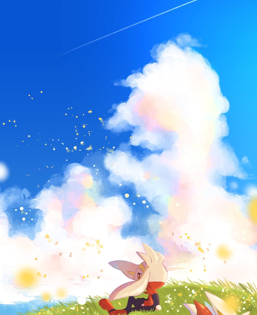cinderace cloud from_side furry gen_8_pokemon grass hand_in_pocket highres nintendo nullma outdoors pokemon pokemon_(creature) raboot red_eyes sitting sky toes