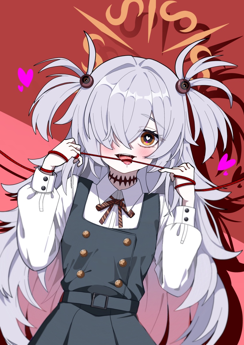 1girl :d absurdres black_dress black_eyes blue_archive blush bright_pupils brown_eyes brown_ribbon buttons choker collared_shirt commentary cowboy_shot days_(user_zehd4554) diagonal-striped_ribbon double-breasted dress drop_shadow eyeball_hair_ornament grey_hair hair_intakes hair_over_one_eye halo hands_up heart heart-shaped_pupils highres kanoe_(blue_archive) long_bangs long_hair long_sleeves looking_at_viewer lovestruck multicolored_eyes neck_ribbon one_eye_covered open_mouth orange_halo pinafore_dress pinky_out puffy_long_sleeves puffy_sleeves red_background ribbon saliva school_uniform shirt simple_background sleeveless sleeveless_dress smile solo spiked_hair string string_of_fate symbol-shaped_pupils teeth thick_eyebrows tongue tongue_out two-tone_eyes two_side_up upper_teeth_only very_long_hair white_pupils white_shirt