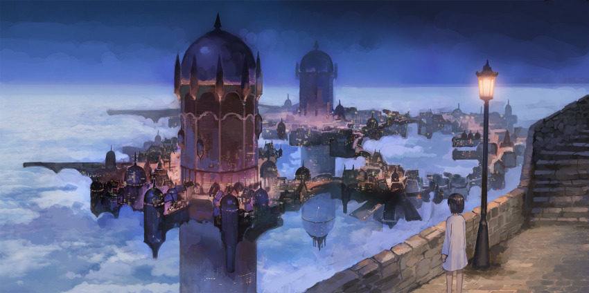 1girl above_clouds architecture arms_at_sides black_hair building cloud commentary_request dress fantasy feet_out_of_frame floating_city highres lamppost long_sleeves night original outdoors short_hair solo somei_yoshinori standing white_dress wide_shot