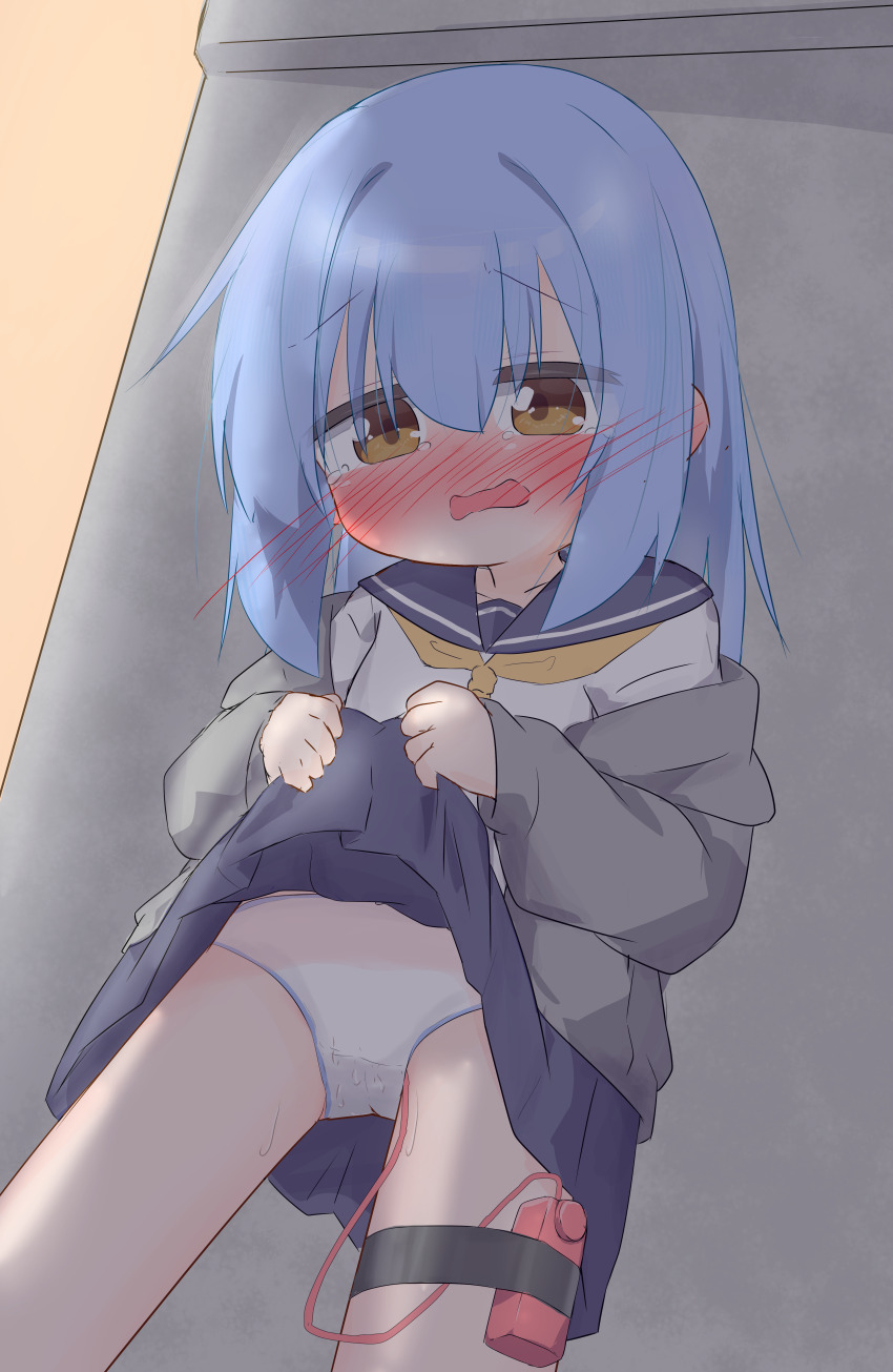 1girl 1n4b4 absurdres blue_hair blue_sailor_collar blue_skirt blush brown_eyes cardigan clothes_lift commission cowboy_shot embarrassed flat_chest grey_cardigan highres large_variant_set lifting_own_clothes loli long_hair long_sleeves miniskirt misaki_kurone_(irukamairuiru) neckerchief nose_blush open_cardigan open_clothes open_mouth original panties pleated_skirt puffy_long_sleeves puffy_sleeves remote_control_vibrator sailor_collar school_uniform second-party_source serafuku sex_toy shirt skeb_commission skirt skirt_lift solo tearing_up tears thigh_strap underwear variant_set vibrator vibrator_cord vibrator_in_thigh_strap vibrator_under_clothes vibrator_under_panties wavy_mouth white_panties white_shirt yellow_neckerchief