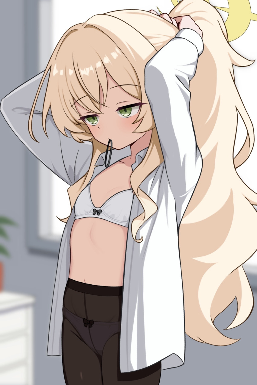 1girl black_pantyhose blonde_hair blue_archive bow bow_bra bow_panties bra cowboy_shot green_eyes hair_tie_in_mouth halo highres indoors io9 loli long_hair long_sleeves mouth_hold open_clothes open_shirt panties panties_under_pantyhose pantyhose professor_niyaniya_(blue_archive) shirt solo tying_hair underwear white_bra white_shirt yellow_halo