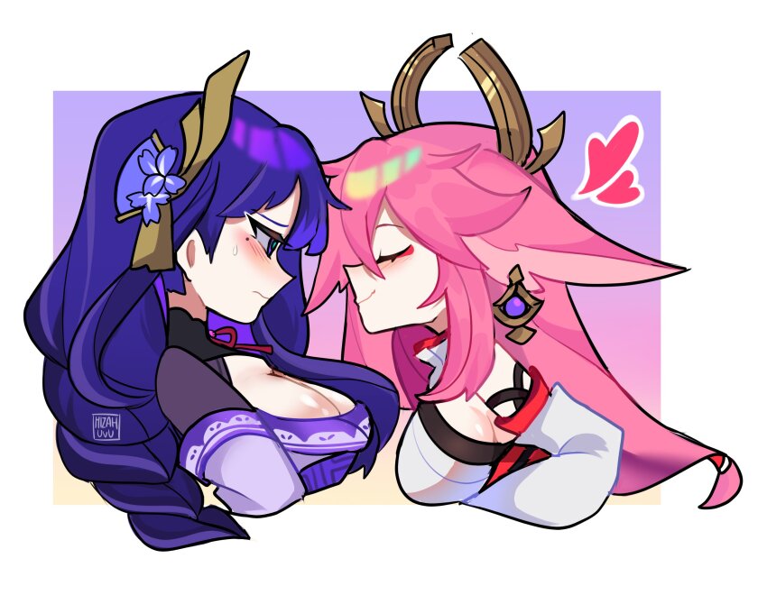 2girls absurdres animal_ears artist_name bare_shoulders blue_pupils blush border braid breasts cleavage closed_eyes closed_mouth colorful_background commentary detached_sleeves earrings english_commentary eyeshadow fan_hair_ornament flower fox_ears fox_girl gem genshin_impact gold_earrings gradient_background hair_between_eyes hair_flower hair_ornament headpiece heart highres japanese_clothes jewelry kimono large_breasts long_hair long_sleeves looking_at_another low-braided_long_hair low-tied_long_hair makeup mizah_(mizah) mole mole_under_eye multiple_girls neck_ribbon nontraditional_miko off_shoulder outside_border pendant pink_background pink_gem pink_hair purple_background purple_eyes purple_flower purple_gem purple_hair purple_kimono purple_sash raiden_shogun red_eyeshadow red_ribbon ribbon sash shirt shy sideboob sidelocks single_braid sleeveless sleeveless_shirt smile sweatdrop tassel tassel_hair_ornament turtleneck turtleneck_shirt upper_body white_border white_shirt white_sleeves wide_sleeves yae_miko yellow_background yuri