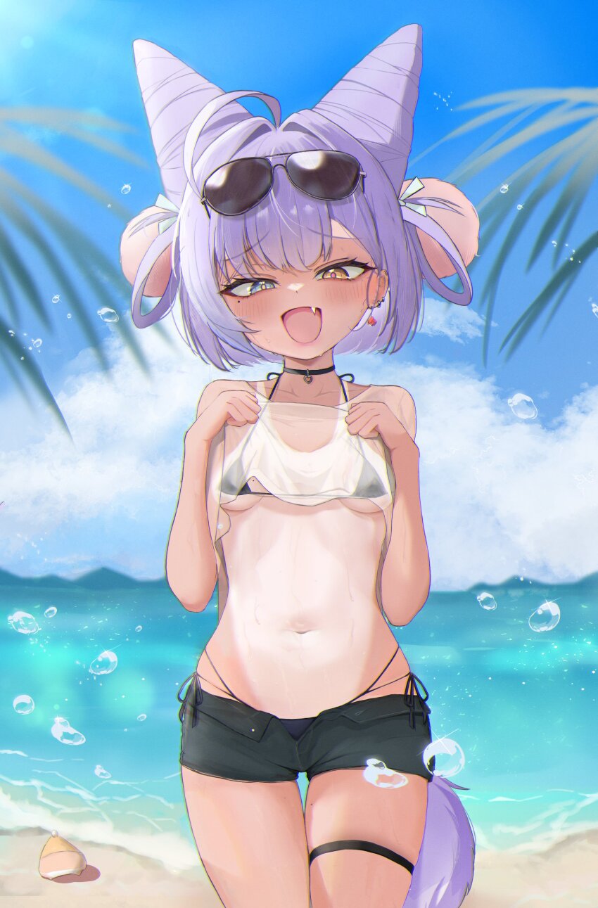 1girl absurdres ahoge beach bikini black_bikini black_shorts blue_eyes blue_sky blush braid breasts clothes_lift cone_hair_bun earrings eyewear_on_head fang fox_tail gamble_0 hair_bun hair_ornament hair_rings heterochromia highres jewelry lifting_own_clothes loli long_hair mismatched_pupils mole mole_under_eye navel one-piece_tan open_fly open_mouth outdoors pom_pom_(clothes) pom_pom_hair_ornament purple_hair purple_tail see-through_clothes see-through_shirt shirt shirt_lift shorts side-tie_bikini_bottom single_earring skin_fang sky small_breasts solo standing stellive stomach straight-on sunglasses swimsuit tail tan tanline tenko_shibuki twin_braids virtual_youtuber water_drop yellow_eyes