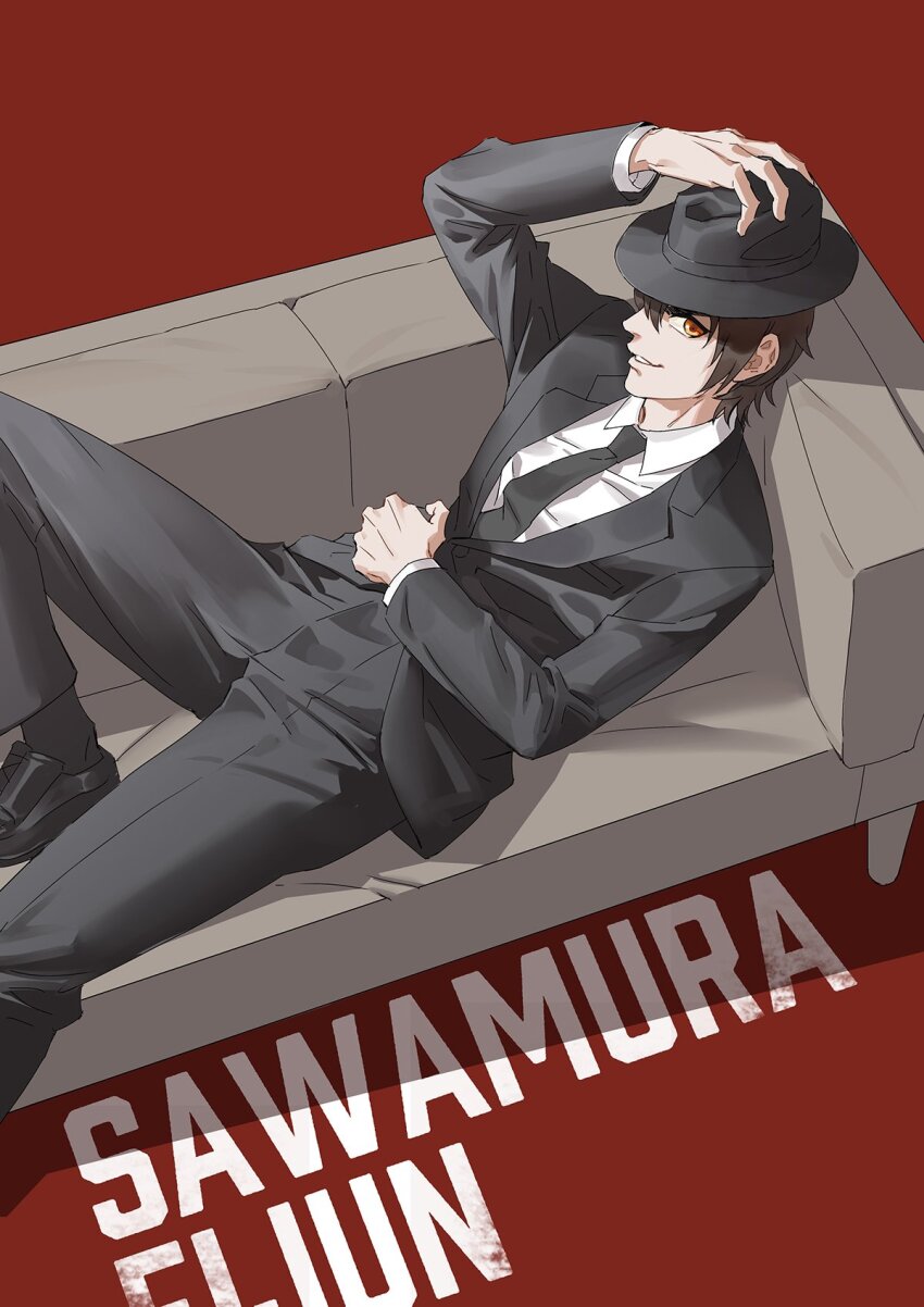 1boy ace_of_diamond black_pants black_shoes black_socks black_suit brown_eyes brown_hair character_name closed_mouth collared_shirt commentary_request couch fedora feet_out_of_frame formal_clothes full_body hat heise_wanbaolu highres jacket looking_at_viewer lying male_focus on_back on_couch pants red_background sawamura_eijun shirt shoes short_hair simple_background smile socks solo suit suit_jacket white_shirt