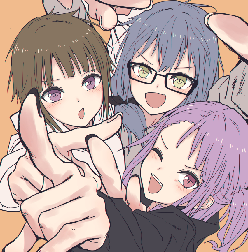 3girls :d ;d asahi_rokka bang_dream! bang_dream!_girls_band_party! black-framed_eyewear black_jacket blue_hair blush brown_hair commentary glasses green_eyes grey_shirt highres hood hoodie jacket long_hair long_sleeves looking_at_viewer low_twintails multiple_girls one_eye_closed open_mouth orange_background pointing pointing_at_viewer purple_eyes purple_hair shirt simple_background smile toyama_asuka twintails udagawa_ako v-shaped_eyebrows white_hoodie yukitake_(bullfalk)