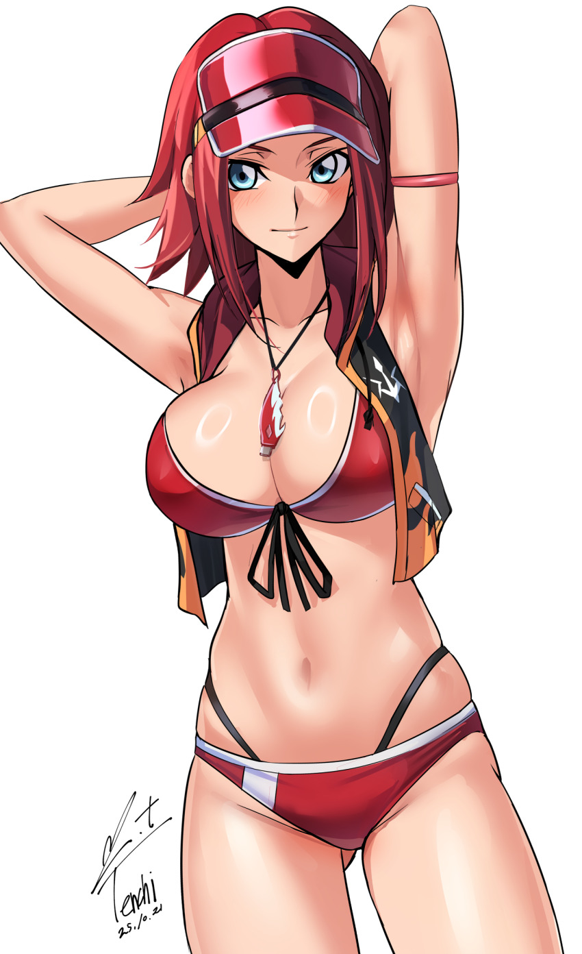 1girl arm_behind_head armpits artist_name bikini blue_eyes breasts cleavage code_geass code_geass:_genesic_re;code commentary_request dated highres jacket jewelry kouzuki_kallen large_breasts looking_at_viewer multicolored_jacket navel necklace official_alternate_costume red_bikini red_hair short_hair simple_background solo stomach swimsuit two-tone_jacket visor_cap white_background yoo_tenchi