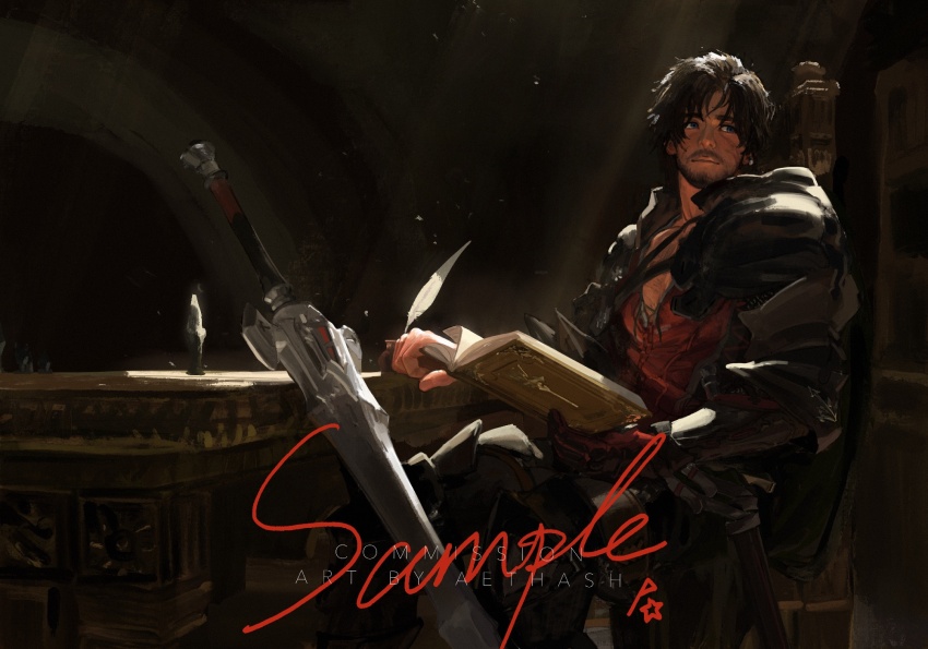 1boy aethash armor beard black_cape black_hair black_pants black_shirt book cape chair chinstrap_beard clive_rosfield collared_shirt commentary commission english_commentary facial_hair facial_scar final_fantasy final_fantasy_xvi highres holding holding_book holding_quill light_rays long_sleeves looking_to_the_side male_focus mustache open_book open_clothes open_shirt pants parted_hair quill red_shirt sample_watermark scar scar_on_cheek scar_on_face shirt sideways_glance sitting solo sunbeam sunlight sword table watermark weapon