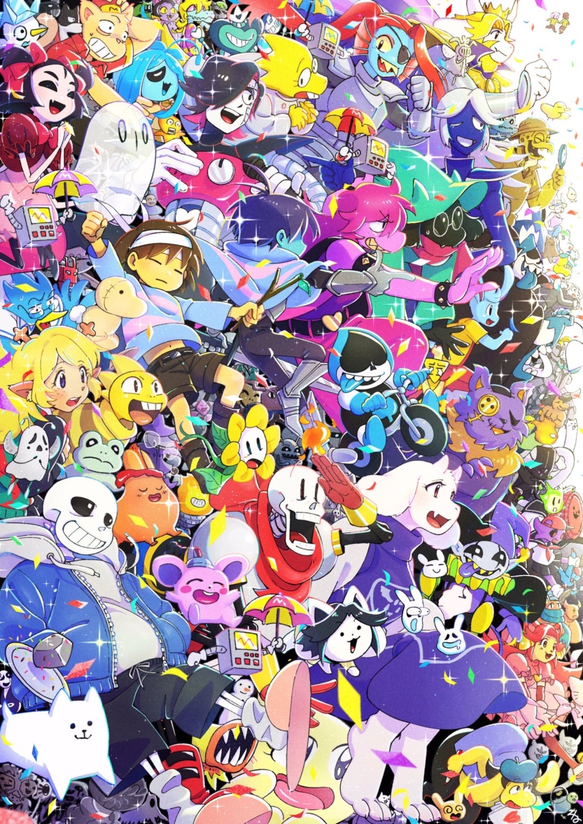 6+boys 6+girls alphys annoying_dog armor asgore_dreemurr bad_id bad_pixiv_id buck_teeth character_request commentary_request crossover deltarune dress everyone fang flowey_(undertale) frisk_(undertale) furry furry_male grillby headband highres hood hoodie in-franchise_crossover jevil kris_(dark_world)_(deltarune) kris_(deltarune) lancer_(deltarune) mettaton mettaton_ex monster_kid_(undertale) multiple_boys multiple_girls napstablook neruco noelle_holiday noelle_holiday_(dark_world) papyrus_(undertale) ralsei ralsei_(hat) sans_(undertale) scarf seam_(deltarune) shorts skeleton slippers smile stick susie_(dark_world)_(deltarune) susie_(deltarune) teeth temmie toriel undertale undyne utdr_(toby_fox)