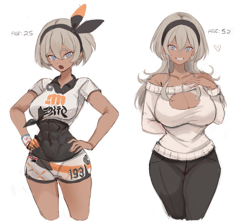 1girl abs age_progression aged_up bea_(pokemon) black_hairband black_pants bodysuit breasts cleavage cleavage_cutout clothing_cutout commentary dark-skinned_female dark_skin english_commentary english_text grey_eyes grey_hair hair_between_eyes hairband highres large_breasts looking_at_viewer mature_female medium_breasts nintendo off-shoulder_sweater off_shoulder pants pokemon pokemon_swsh rakeemspoon short_hair short_shorts shorts sweater white_background