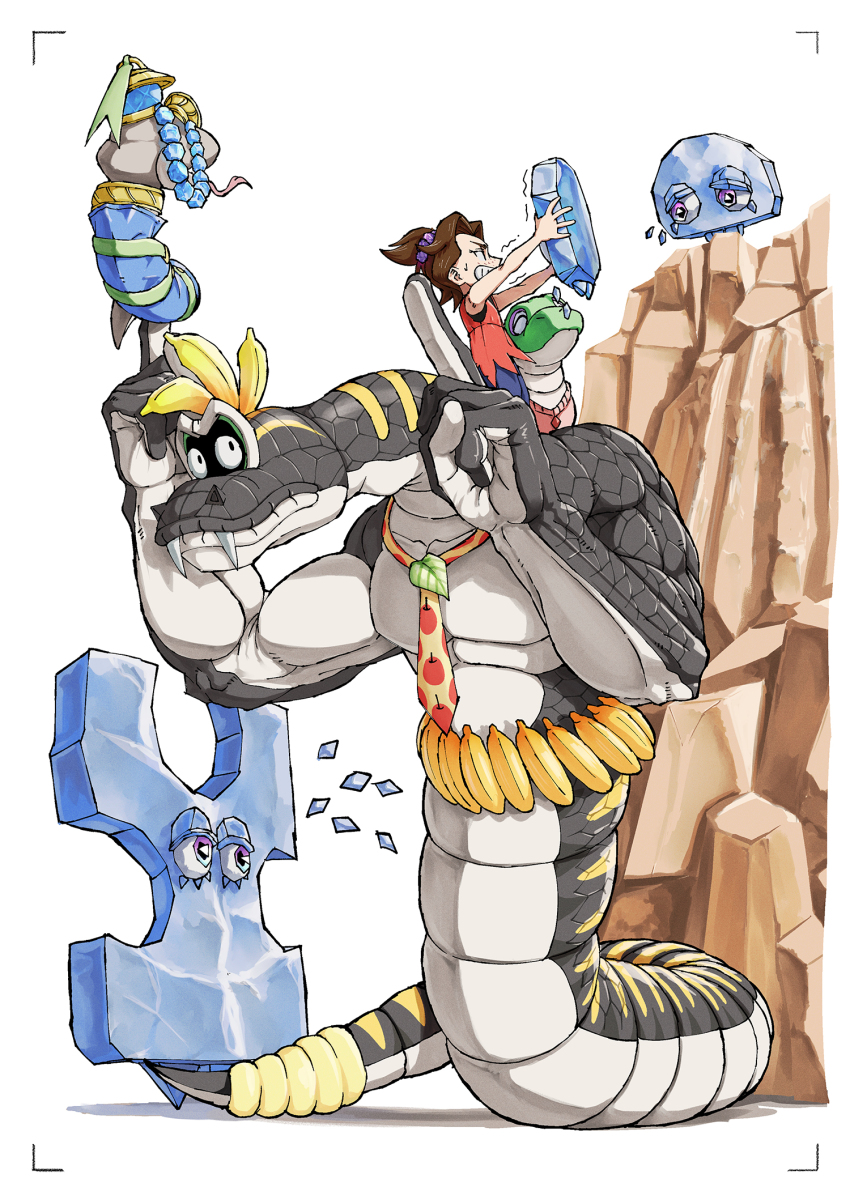 1girl banana brown_hair commentary_request donkey_kong donkey_kong_(series) donkey_kong_bananza fangs food forked_tongue fractone_(donkey_kong) fruit highres how_long index_finger_raised monocle necktie nintendo pauline_(mario) pauline_(young)_(mario) snake_bananza snake_tail tail tears tongue trembling yellow_necktie