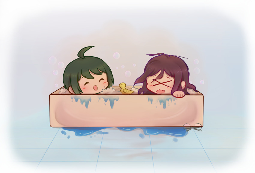 >_< 2girls ahoge antenna_hair bath bathing bathtub blush brown_hair bubble_bath chibi chibi_only closed_eyes commentary danganronpa_(series) danganronpa_another_episode:_ultra_despair_girls english_commentary fukawa_toko glasses green_hair highres in_bathtub long_hair multiple_girls naegi_komaru open_mouth round_eyewear rubber_duck same-sex_bathing shared_bathing short_hair smile soap_bubbles tile_floor tiles unworn_eyewear water wavy_mouth white_background yuri-usagi