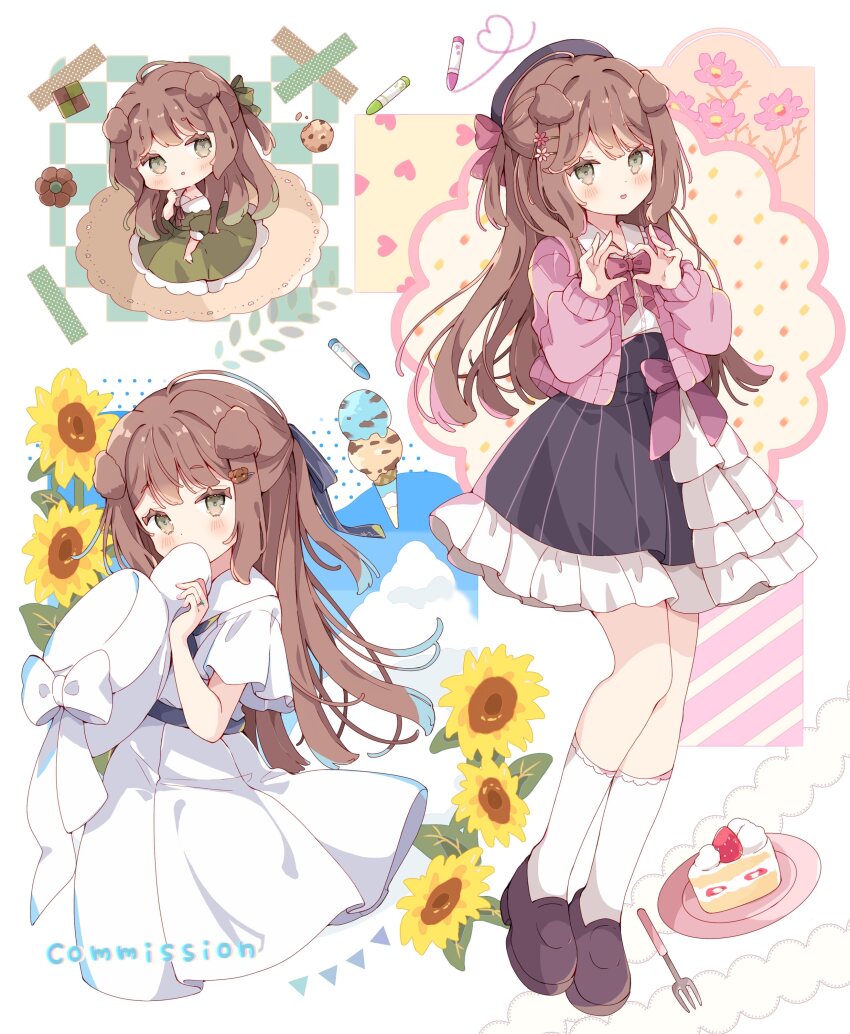 1girl :d absurdres animal_ears beret black_hat blush bow bowtie brown_hair brown_shoes cake cake_slice cardigan chibi collared_shirt commentary commission crayon dog_ears dog_girl dress flower food fork frilled_skirt frills fruit full_body green_dress green_eyes hands_up hat hat_bow highres holding holding_unworn_clothes holding_unworn_hat ice_cream leaf long_hair long_sleeves looking_at_viewer multiple_scoops multiple_views open_cardigan open_clothes open_mouth original pink_cardigan plate red_bow red_bowtie shirt shoes short_sleeves sidelocks skeb_commission skirt smile socks standing strawberry striped_clothes striped_skirt sunflower tsukiyo_(skymint) unworn_hat unworn_headwear vertical-striped_clothes vertical-striped_skirt white_dress white_hat white_shirt white_socks yellow_flower