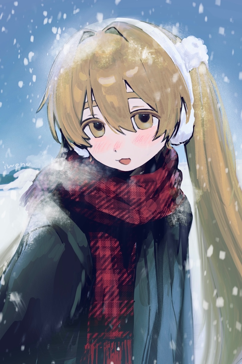 1girl black_jacket blonde_hair blue_sky blush colored_eyelashes earmuffs hair_between_eyes hair_intakes hair_ornament highres iwonu jacket long_sleeves open_mouth original outdoors plaid_clothes plaid_scarf pom_pom_(clothes) pom_pom_hair_ornament red_scarf scarf sky smile snowing solo tareme twintails upper_body yellow_eyes