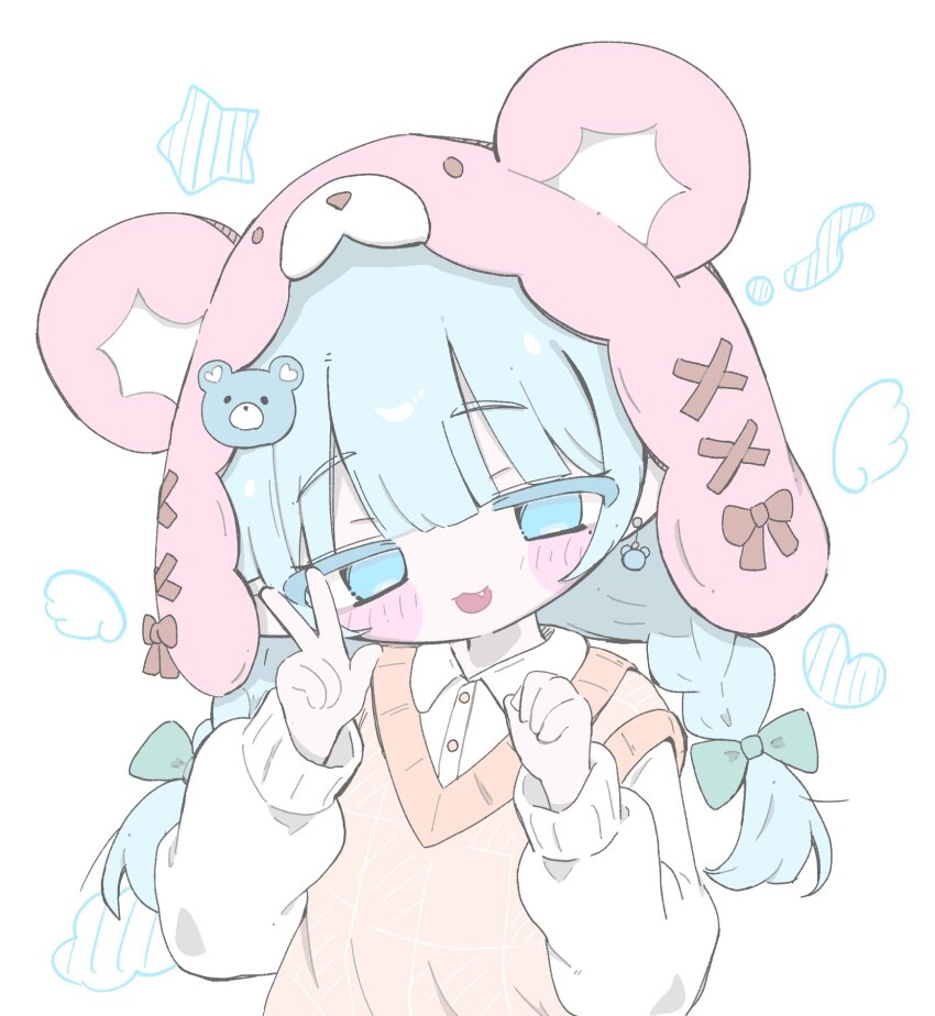 1girl :3 animal_ear_headwear aqua_hair bear_earrings bear_hair_ornament bear_hat blue_eyes blush_stickers bow braid buttons collared_shirt colored_eyelashes commentary_request fake_animal_ears fang green_bow hair_bow hair_ornament hands_up hat heart highres izumi_(yura_izumi) long_hair long_sleeves looking_at_viewer multiple_hair_bows open_mouth orange_sweater_vest original pink_hat shirt smile solo star_(symbol) sweater_vest twin_braids upper_body w white_background white_shirt
