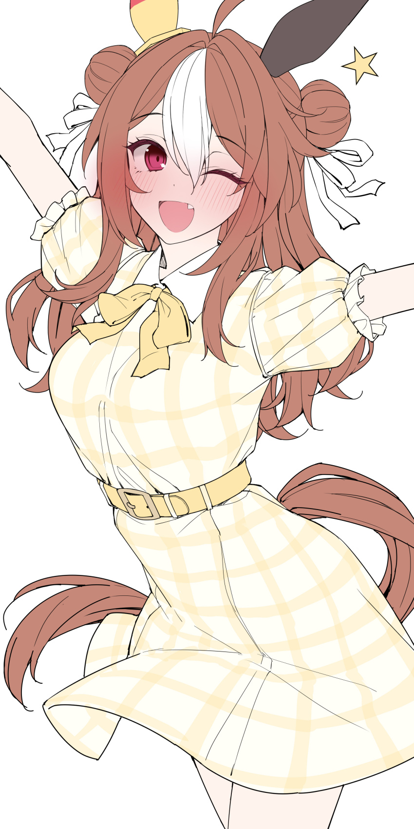 1girl ;d absurdres ahoge animal_ears belt blush bow bowtie brown_hair commentary_request copano_rickey_(casual)_(umamusume) copano_rickey_(umamusume) cowboy_shot double_bun dress fang hair_between_eyes hair_bun hair_intakes highres horse_ears horse_girl horse_tail kawai_ritsu_(rits_meg) long_hair looking_at_viewer mismatched_ear_covers multicolored_hair one_eye_closed open_mouth outstretched_arms plaid_clothes plaid_dress puffy_short_sleeves puffy_sleeves purple_eyes short_sleeves simple_background smile solo streaked_hair tail two-tone_hair umamusume white_background white_hair white_streaks yellow_belt yellow_bow yellow_bowtie yellow_dress