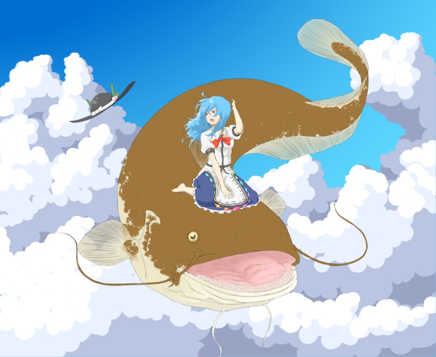 1girl ahoge arm_up barefoot blouse blue_hair blue_sky bow catfish cloud day female_focus fish flying food fruit hat hat_ribbon hinanawi_tenshi long_hair looking_away mmchocolate namazu_(touhou) open_hand open_mouth peach red_eyes ribbon riding shirt sitting skirt sky solo touhou unworn_hat unworn_headwear wariza wind