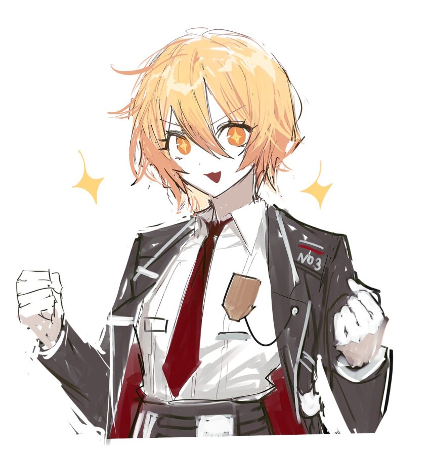 1girl :3 bad_link black_coat black_pants blonde_hair clenched_hands coat collared_shirt cowboy_shot don_quixote_(project_moon) highres lapels limbus_company necktie notched_lapels open_mouth pants project_moon red_necktie remsrar shirt simple_background smile solo source_request sparkle third-party_source white_background white_shirt yellow_eyes