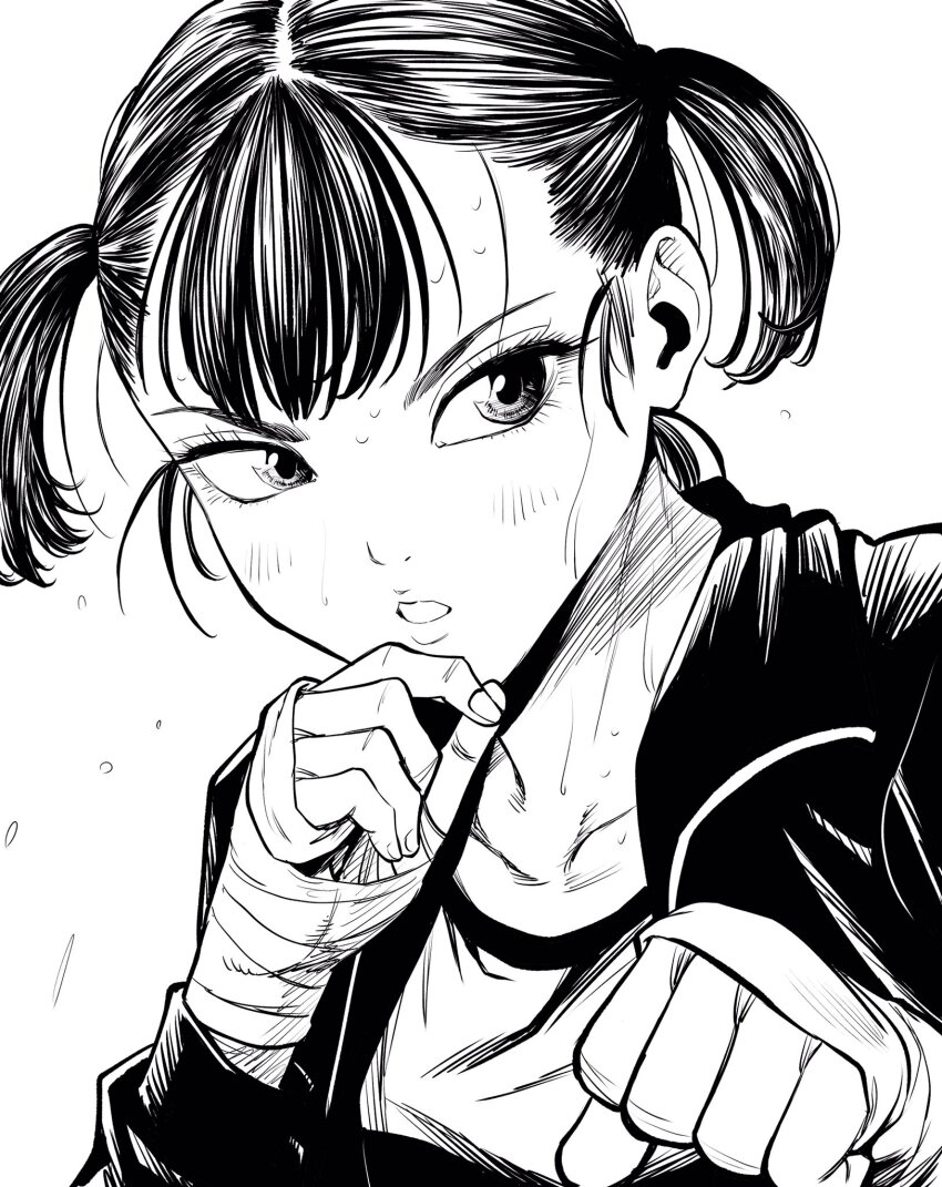 1girl commentary_request eyelashes fighting_stance flying_sweatdrops hand_wraps highres jacket lee_(dragon_garou) light_blush monochrome original parted_lips portrait short_twintails solo sweat twintails