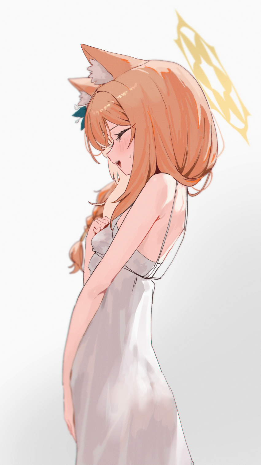 1girl :d absurdres animal_ear_fluff animal_ears blue_archive blush braid cat_ears cat_girl closed_eyes commentary_request dan_nako dress from_side halo hand_on_own_chest highres long_hair mari_(blue_archive) open_mouth orange_hair simple_background single_braid smile solo spaghetti_strap sweatdrop white_background white_dress yellow_halo