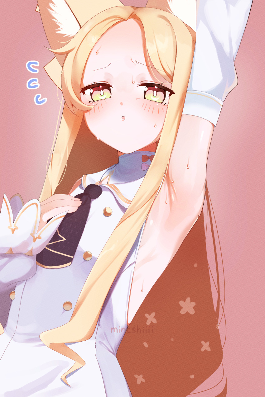 1girl absurdres animal_ear_fluff animal_ears arm_up armpits artist_name blonde_hair blue_archive detached_sleeves dress forehead fox_ears fox_girl highres long_hair mintshiiii seia_(blue_archive) sleeveless sleeveless_dress sweat white_dress