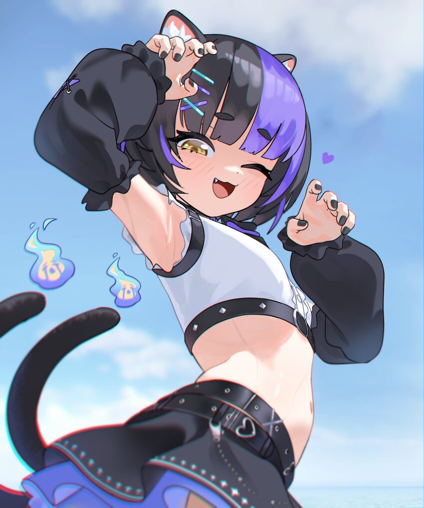 1girl :3 ;d animal_ears anya_nyabyss arm_up armpits bare_shoulders black_hair black_nails black_skirt blue_sky blunt_bangs blush breasts cat_ears cat_tail chromatic_aberration claw_pose cloud commentary crop_top cropped_shirt crying_emoji detached_sleeves emoji fang from_side gurumie hair_ornament hairclip hand_up heart highres looking_at_viewer looking_to_the_side meme midriff multicolored_hair multiple_tails nail_polish one_eye_closed open_mouth phase_connect purple_hair shirt short_hair skirt sky sleeveless sleeveless_shirt small_breasts smile solo split-color_hair streaked_hair tail tareme thick_eyebrows turning_head two-tone_hair two_tails uohhhhhhhhh!_(meme) upper_body virtual_youtuber white_shirt will-o'-the-wisp_(mythology) x_hair_ornament yellow_eyes